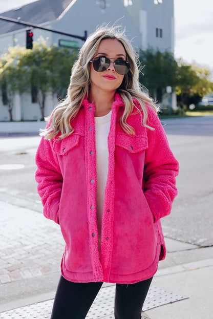 Bright Pink Faux Suede Sherpa Patchwork Button-up Shacket - Chic Meadow Boutique 