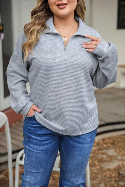 Plus Size/Plus Size Tops/Plus Size Long Sleeve Tops Light Grey Quarter Zipper Collared Ribbed Knit Plus Size Top