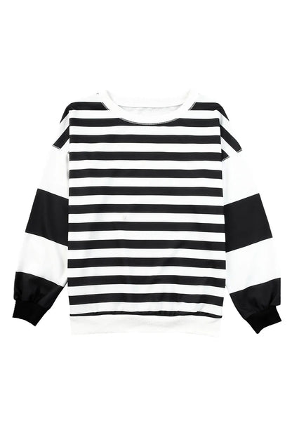 Black Stripe Drop Shoulder Striped Pullover Sweatshirt - Chic Meadow Boutique 