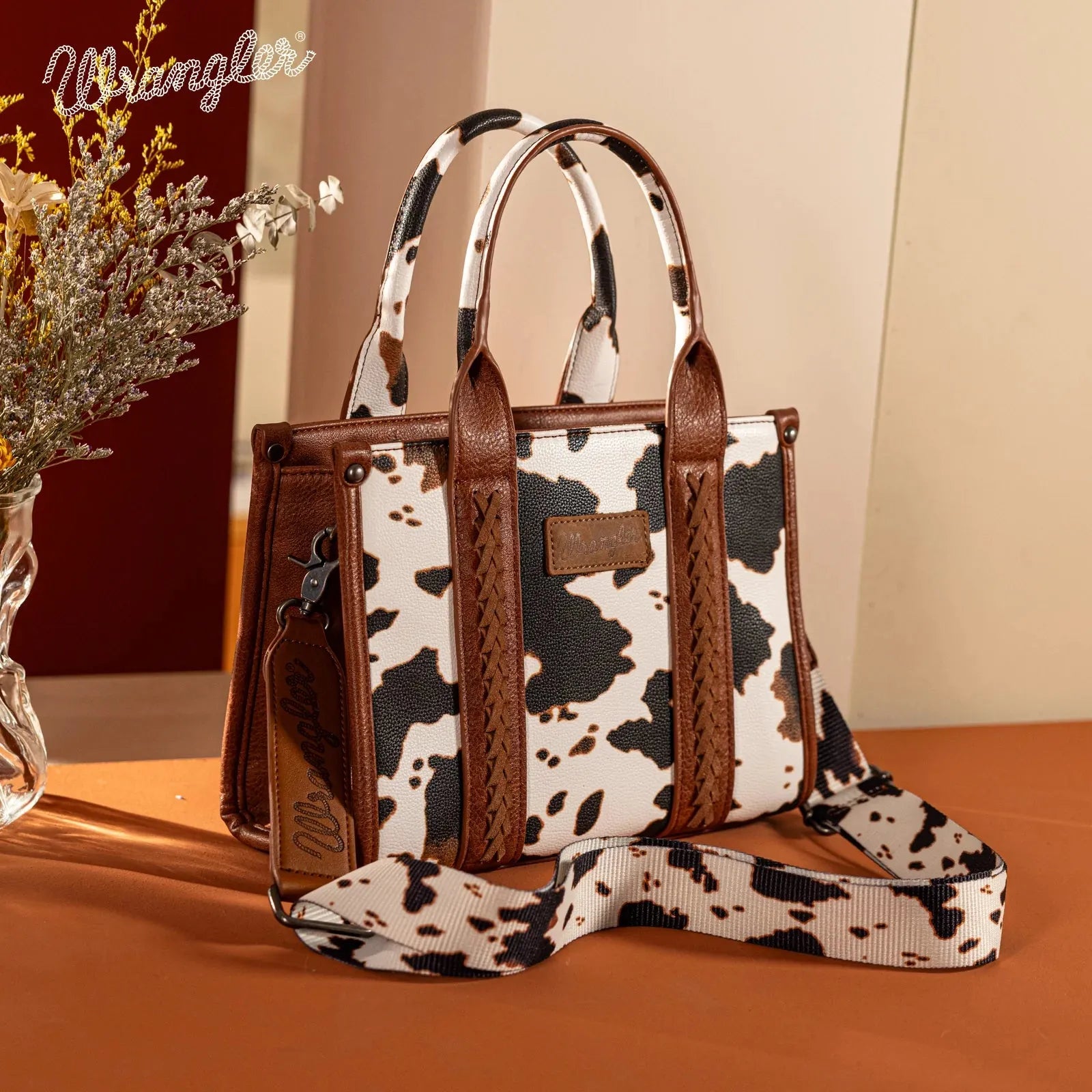 Wrangler Cow Print Concealed Carry Tote/Crossbody - Brown - Chic Meadow Boutique 