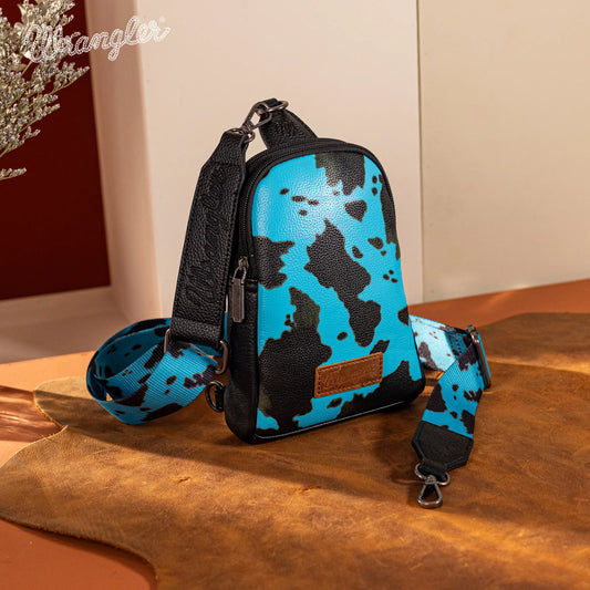 Wrangler Cow Print Crossbody Sling Chest Bag -Turquoise