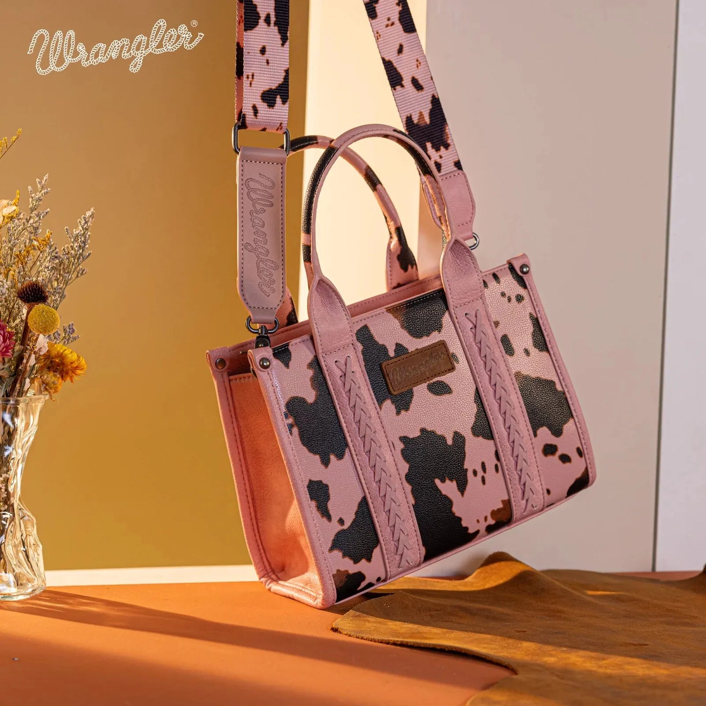 Wrangler Cow Print Tote/Crossbody - Pink - Chic Meadow Boutique 