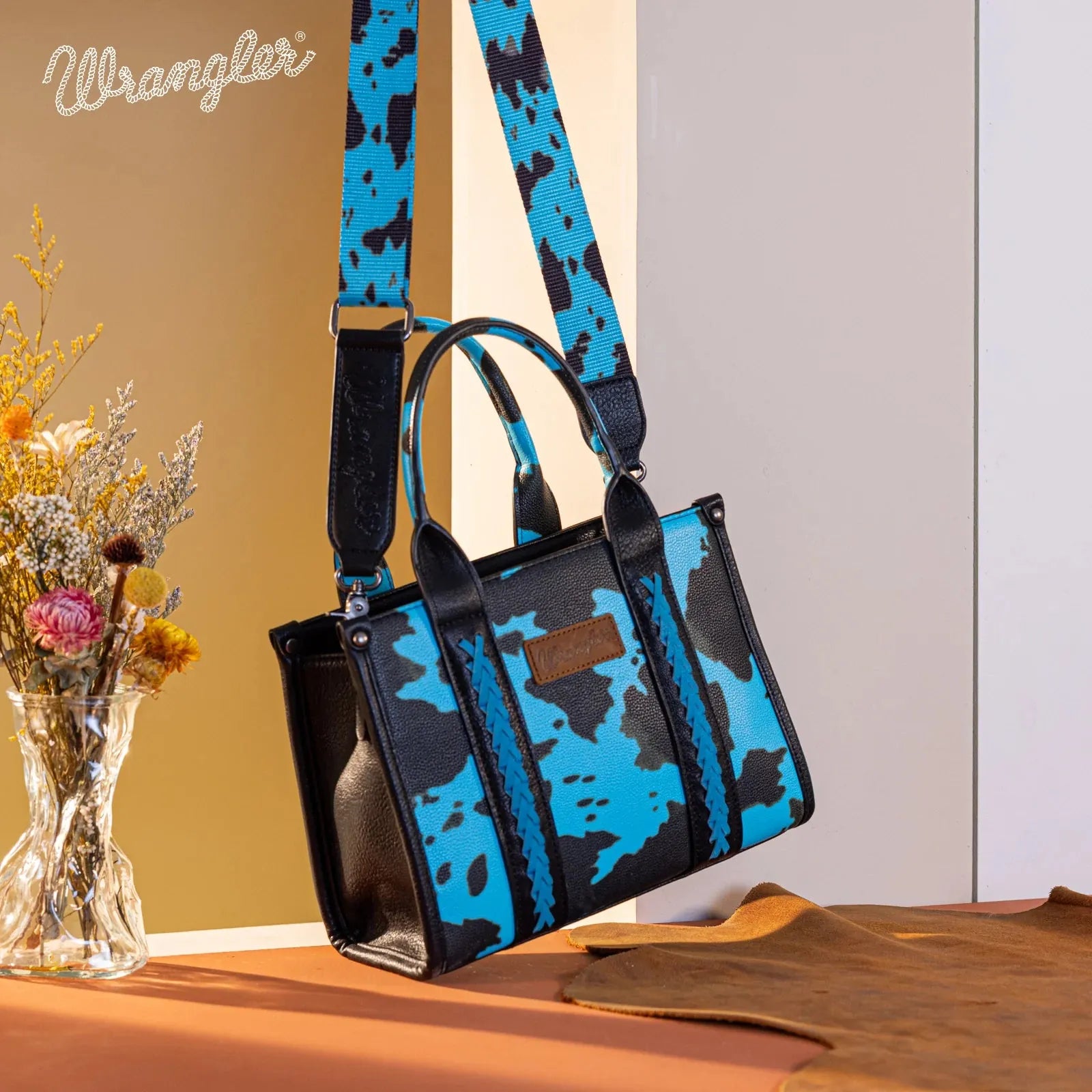 Wrangler Cow Print Tote/Crossbody - Turquoise - Chic Meadow Boutique 