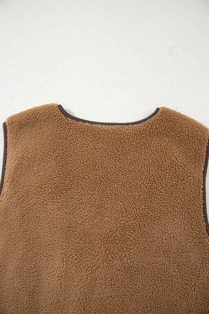 Light French Beige Contrast Trim Tie Front Sherpa Vest