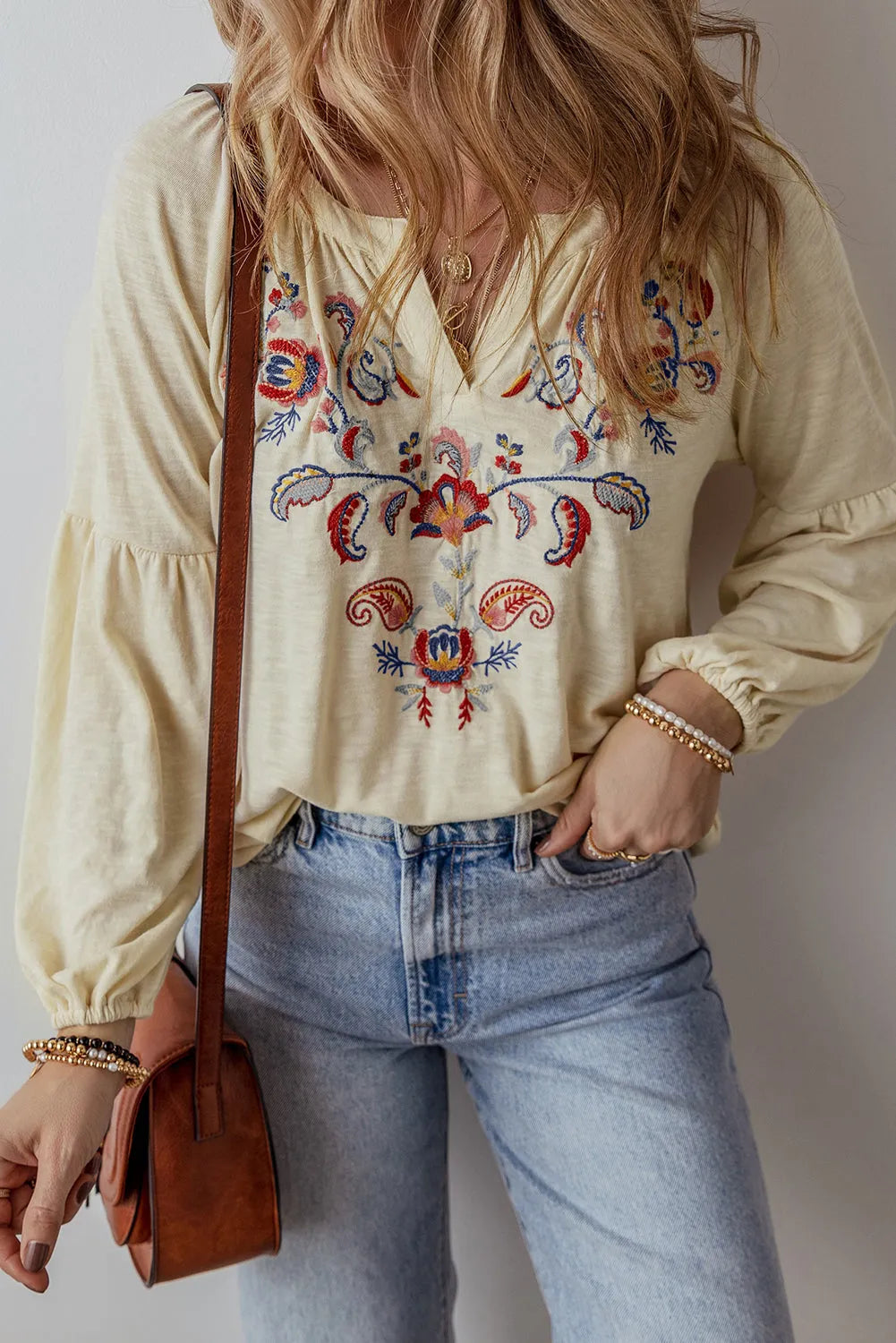 Apricot Paisley Floral Embroidered Notch V Neck Blouse - Chic Meadow Boutique 