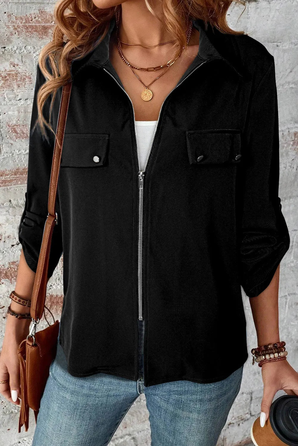 Black Collar Tab Sleeve Zip Up Flap Detail Jacket - Chic Meadow Boutique 