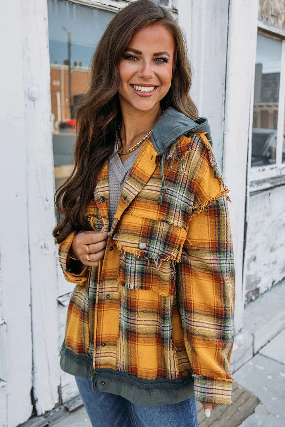 Orange Plaid Patch Hooded Frayed Snap Button Jacket - Chic Meadow Boutique 