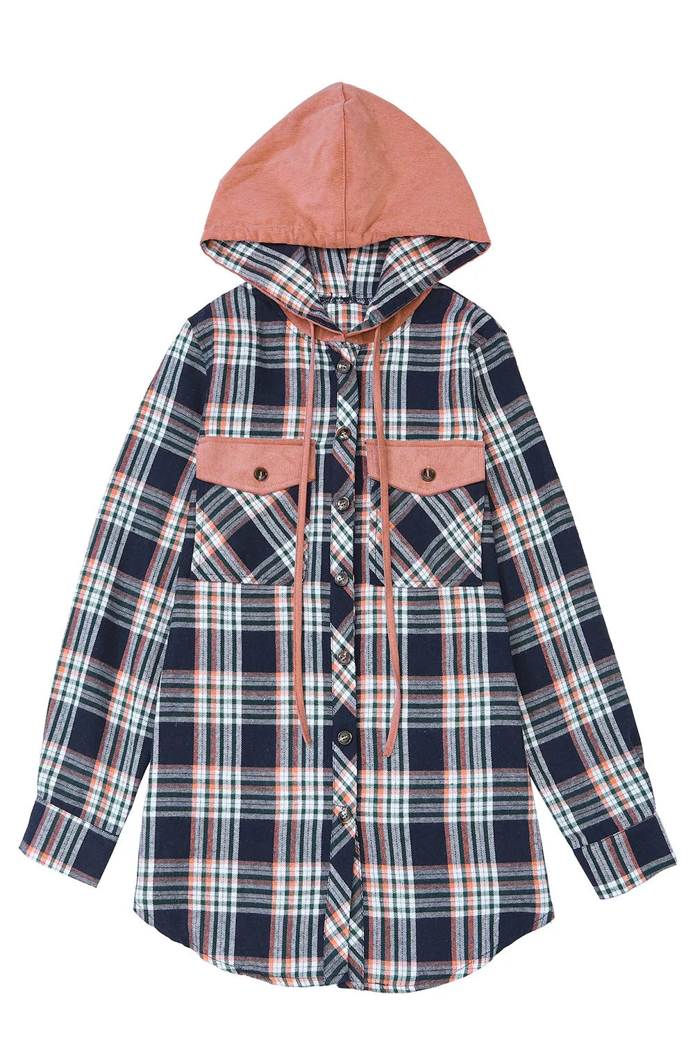 Pink Contrast Hooded Drawstring Plaid Shacket - Chic Meadow Boutique 