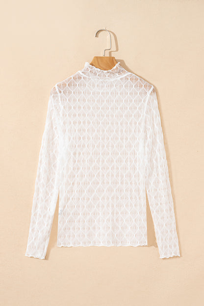 Beige Sheer Mesh Patterned Lettuce Trim Slim Long Sleeve Top