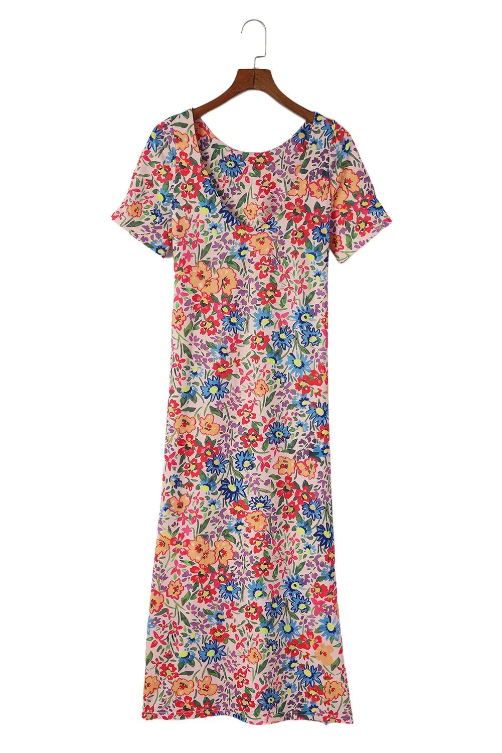 Multicolor Long Floral Print Short Sleeve Holiday Dress - Chic Meadow Boutique 