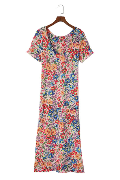 Multicolor Long Floral Print Short Sleeve Holiday Dress - Chic Meadow Boutique 