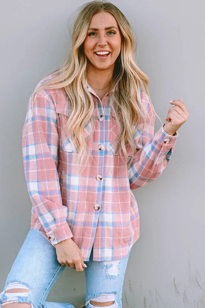 Pink Plaid Flap Pocket Flannel Shacket - Chic Meadow Boutique 