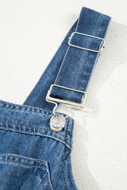 Sky Blue Buckle Straps Bib Style Drawstring Tied Backless Flared Denim Romper