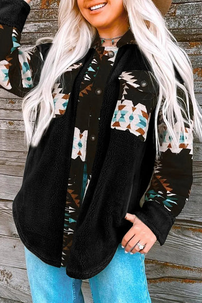 Black Western Aztec Print Accent Fleece Shacket - Chic Meadow Boutique 