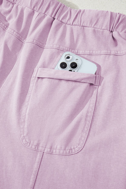 Pink Mineral Wash Exposed Seam Drawstring High Waist Wide Leg Cargo Pants