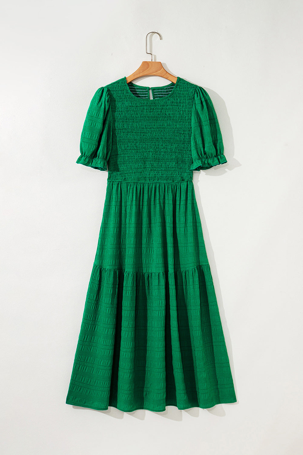 Dark Green Solid Textured Smocked Puff Short Sleeve High Waist Long Dress