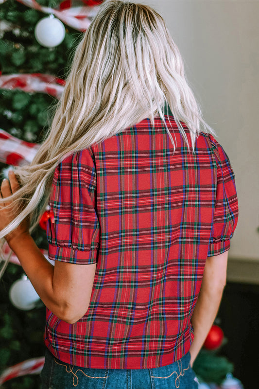 Red Plaid Print Contrast Trim V Neck Short Sleeve Blouse