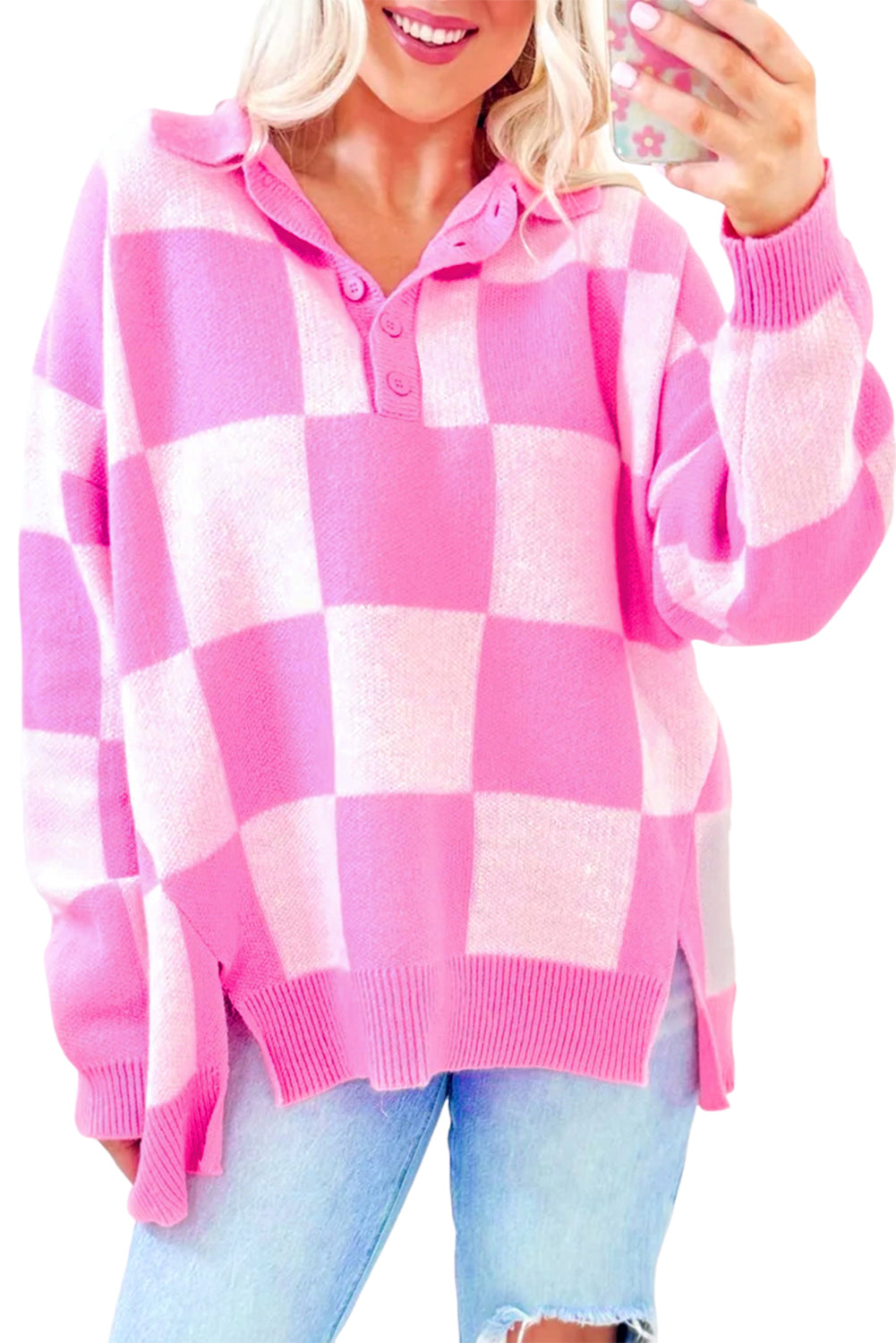 Pink Checkerboard Half Button Collared Drop Shoulder Sweater