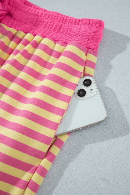 Pink Stripe Colorblock Trim Crew Neck Loose Tee Drawstring Elastic Waist 2pcs Pant Set