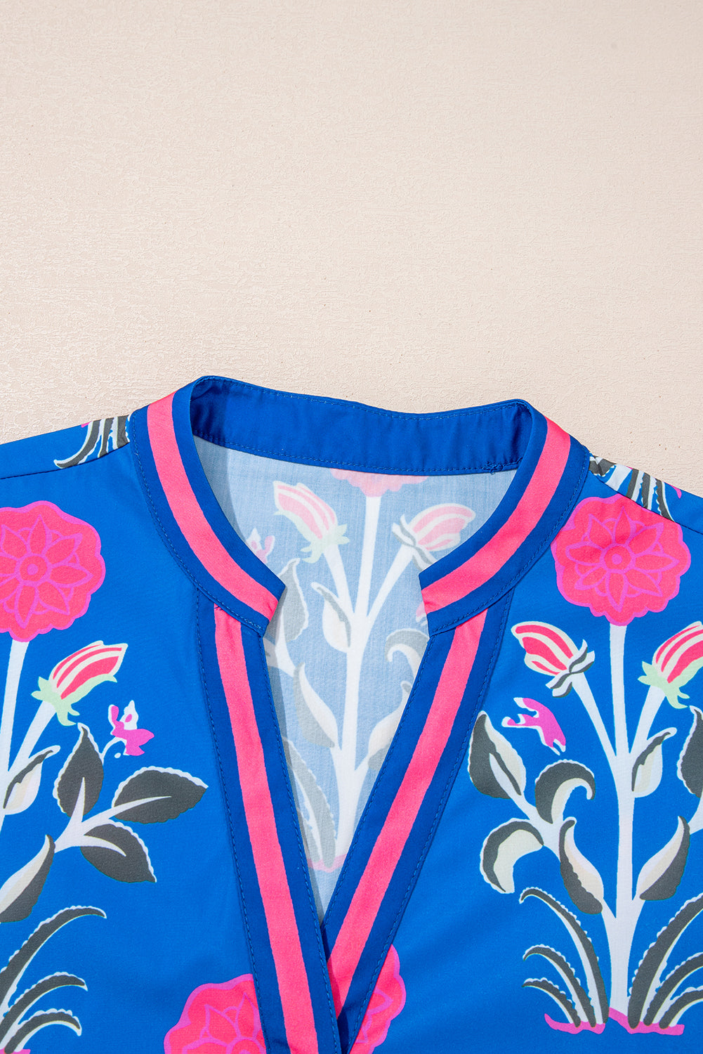 Blue Floral Print Contrast Striped Trim Notched Neck Long Sleeve Blouse