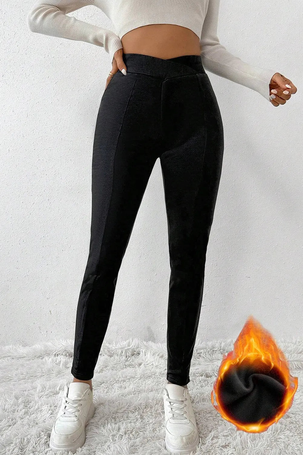 Black Crossed Waist Seamed Leg Thermal Leggings - Chic Meadow Boutique 