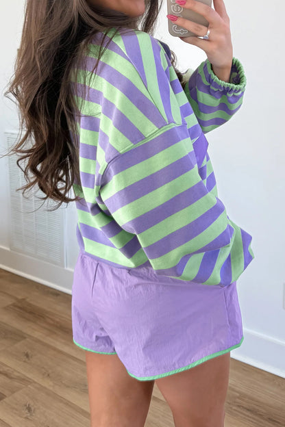 Purple Stripe Half Button Long Sleeve Top Mix and Match Shorts 2pcs Set