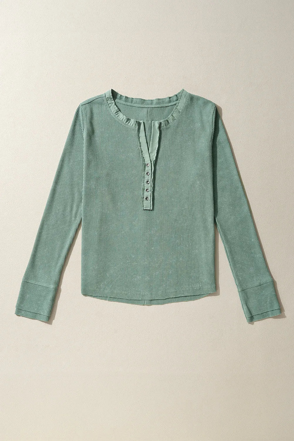 Smoke Green Acid Wash Waffle Knit Buttoned Neckline Long Sleeve Top - Chic Meadow Boutique 