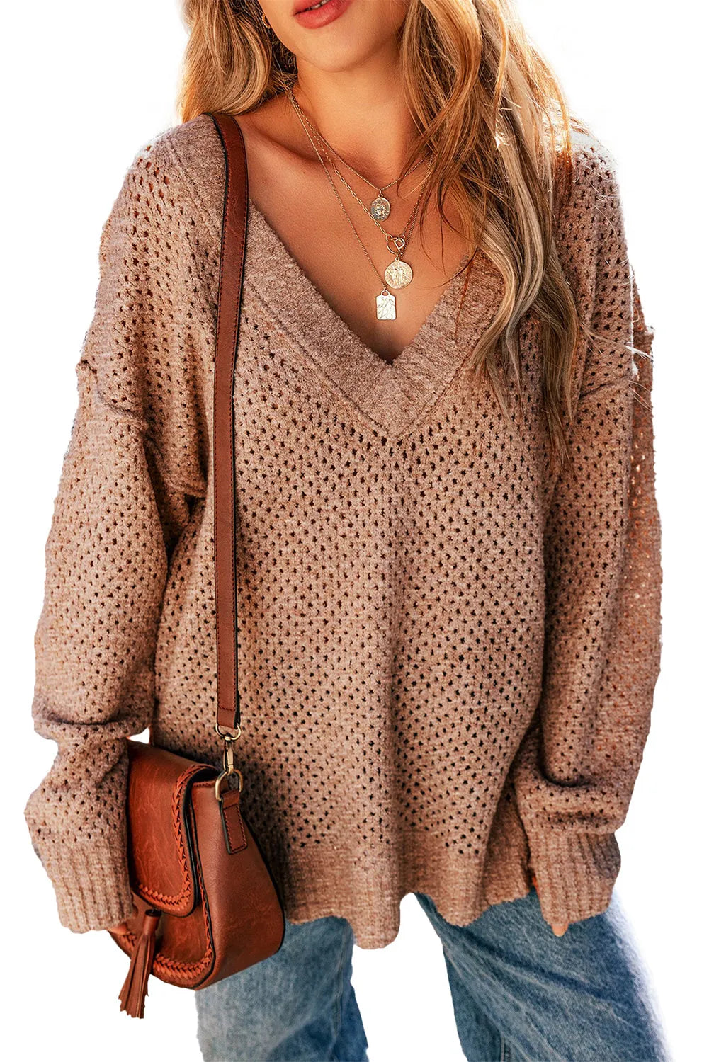 Dark Brown Loose Eyelet V Neck Drop Shoulder Sweater - Chic Meadow Boutique 