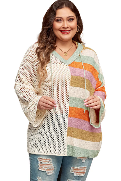 Beige Pointelle Knit Colorblock Patchwork V Neck Hooded Plus Sweater - Chic Meadow Boutique 