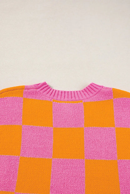 Strawberry Pink Colorblock Plaid Pattern Ribbed Trim Sweater Tank Top - Chic Meadow Boutique 