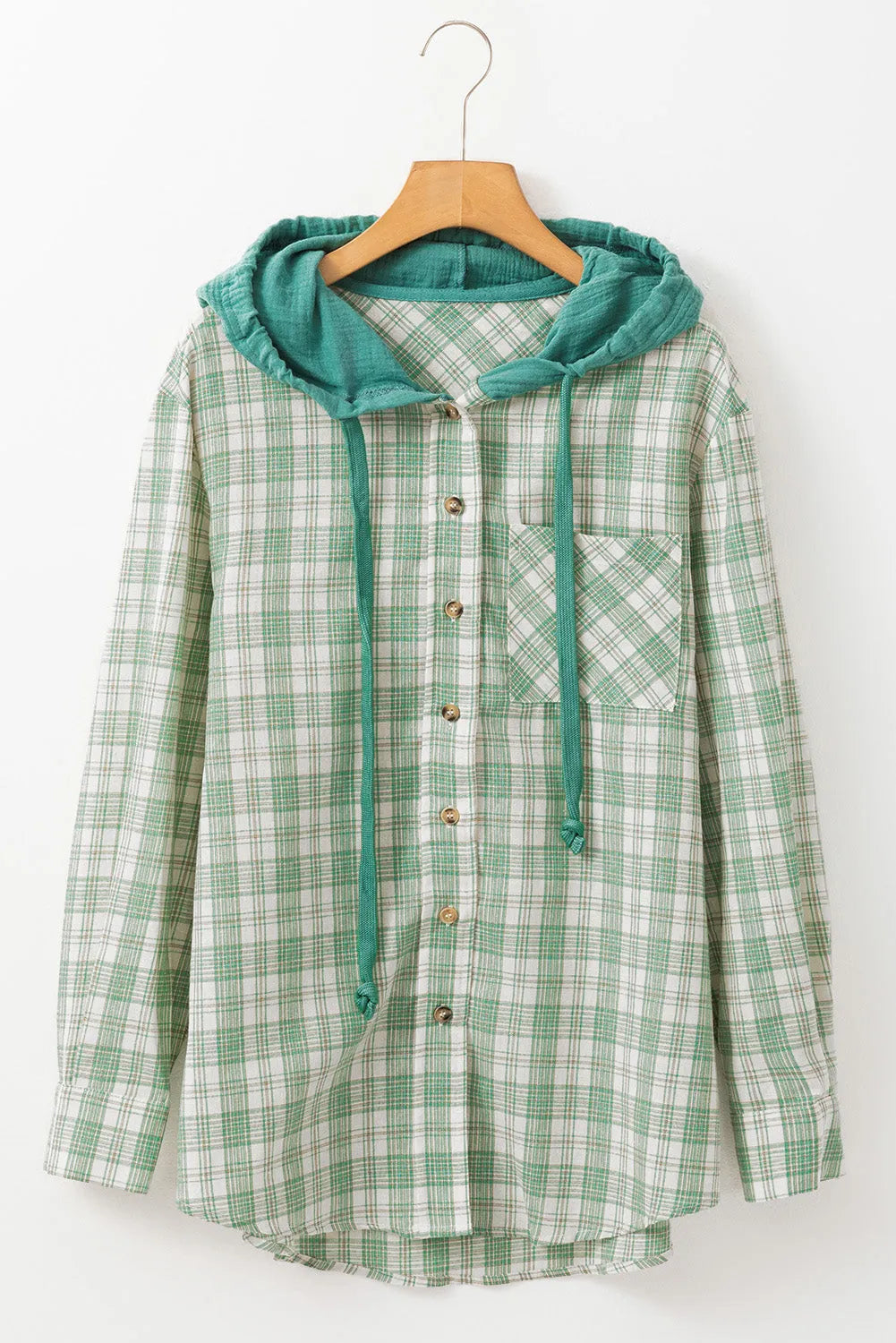 Outerwear/Plaid Shackets Green Checkered Print Loose Fit Buttoned Hooded Shacket