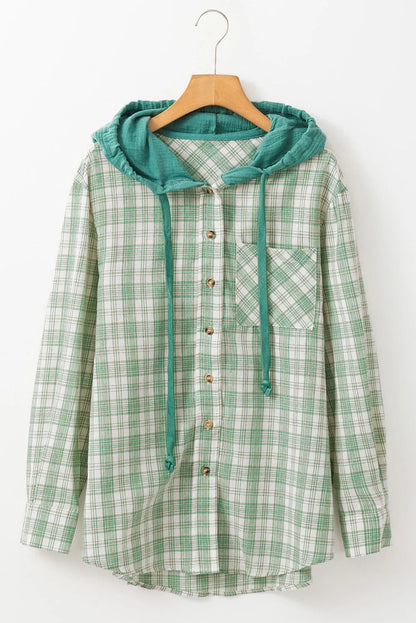 Green Checkered Print Loose Fit Buttoned Hooded Shacket - Chic Meadow Boutique 