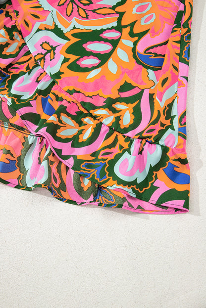 Rose Summer Plant Print Surpliced V Neck Ruffled Asymmetric Slit Wide Short Sleeve Maxi Dress