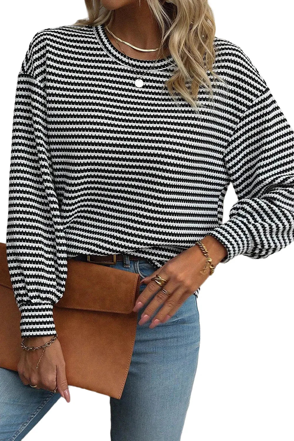 Black Stripe Round Neck Drop Shoulder Long Sleeve Top - Chic Meadow Boutique 