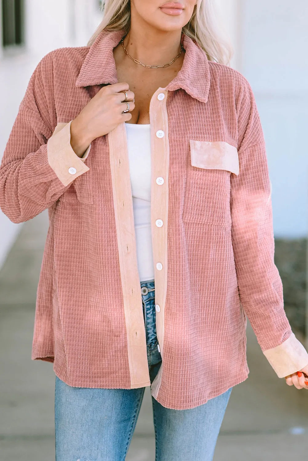 Peach Blossom Flap Pockets Drop Shoulder Textured Shacket - Chic Meadow Boutique 