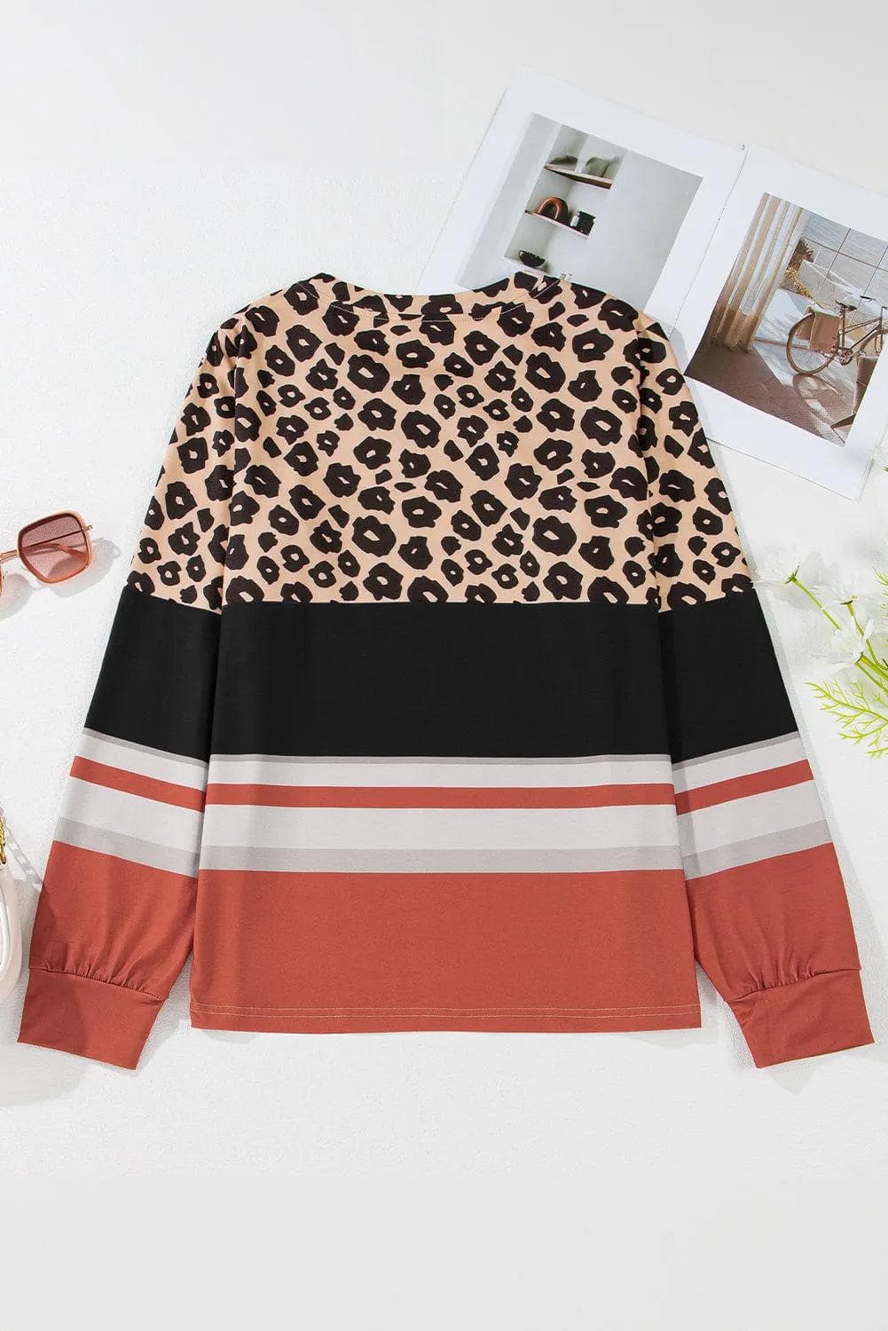 Tops/Long Sleeve Tops Khaki Leopard Color Block Crewneck Long Sleeve Top