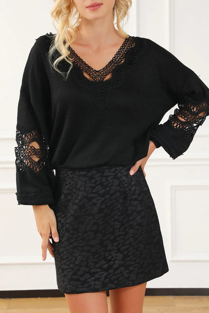 Black Hollowed Lace Splicing V Neck Loose Sweater - Chic Meadow Boutique 