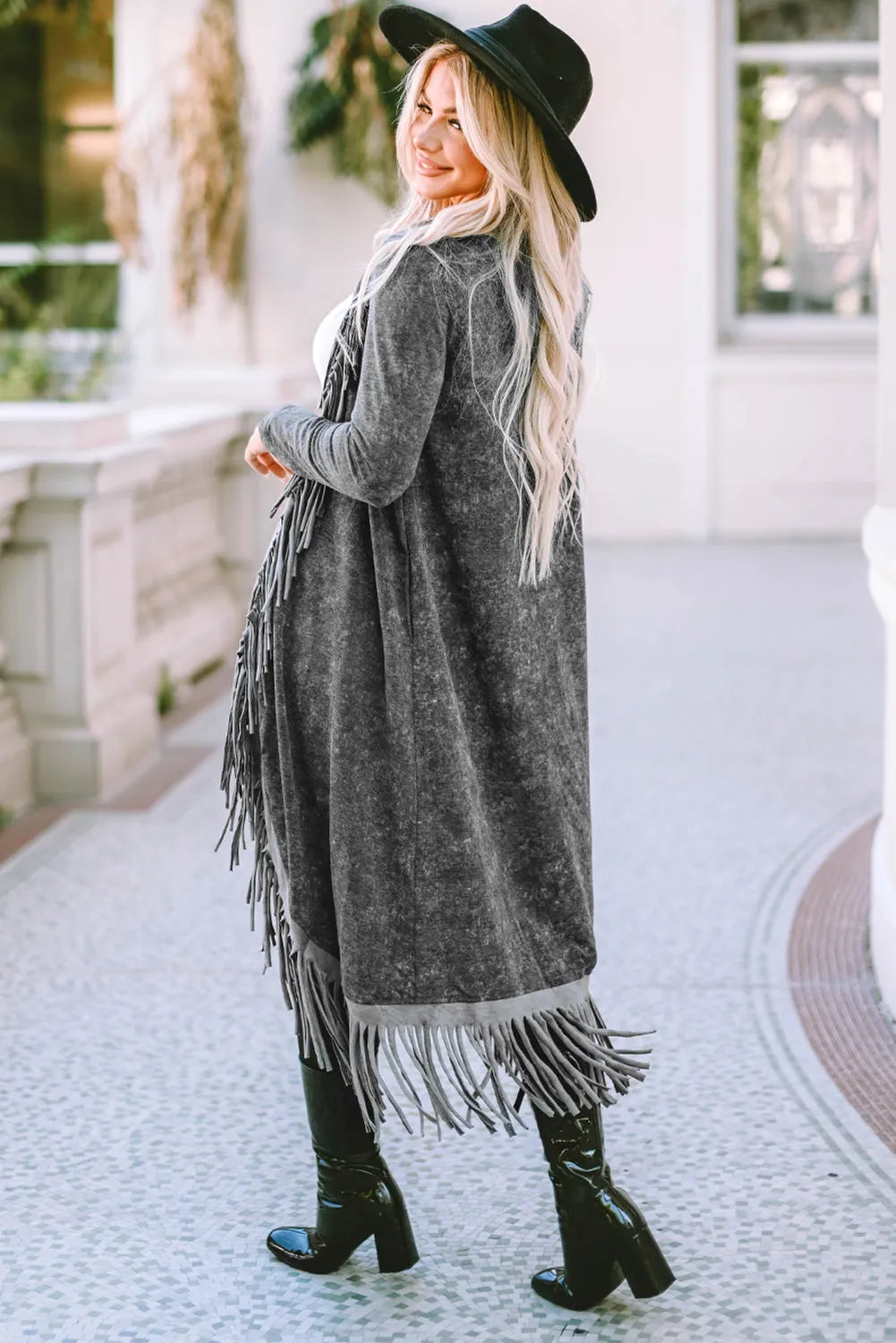 Black Fringed Hem Pocketed Open Cardigan - Chic Meadow Boutique 