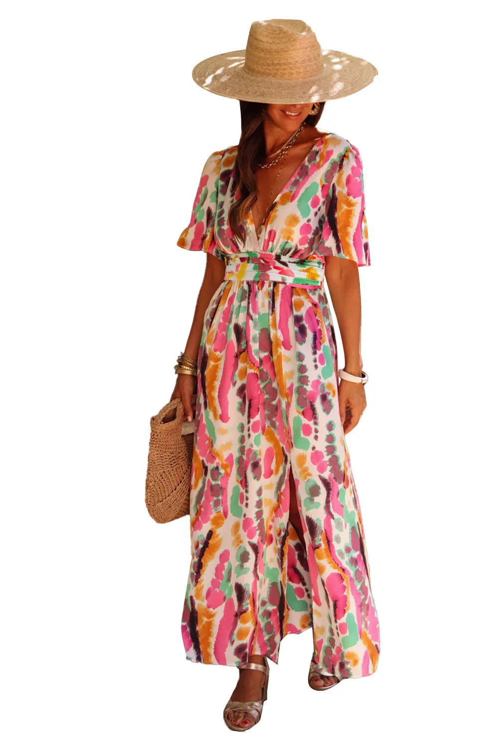 Pink Boho Tie-dye Print V Neck Maxi Dress - Chic Meadow Boutique 