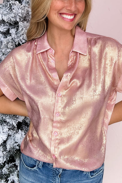 Delicacy Metallic Buttoned Loose Fit Short Sleeve Shirt