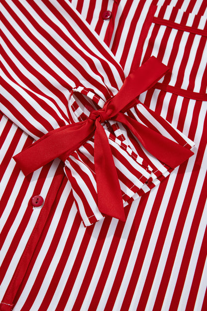 Red Stripe Contrast Velvet Trim Bow Knot Waist 2pcs Pajama Set