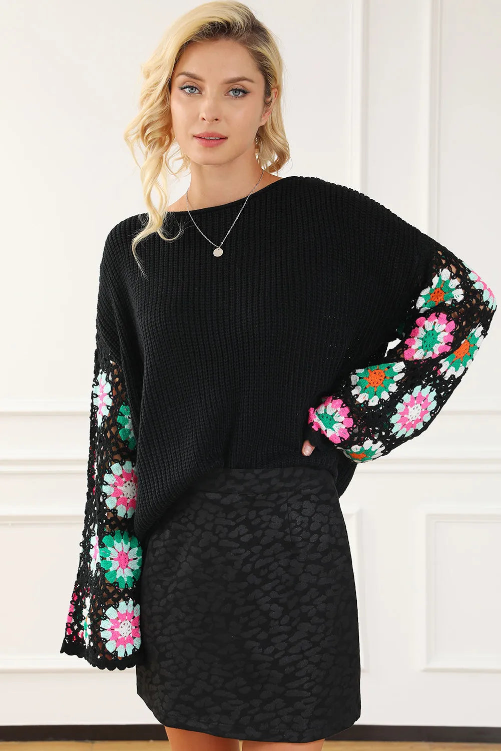 Black Floral Crochet Bell Sleeve Loose Sweater - Chic Meadow Boutique 