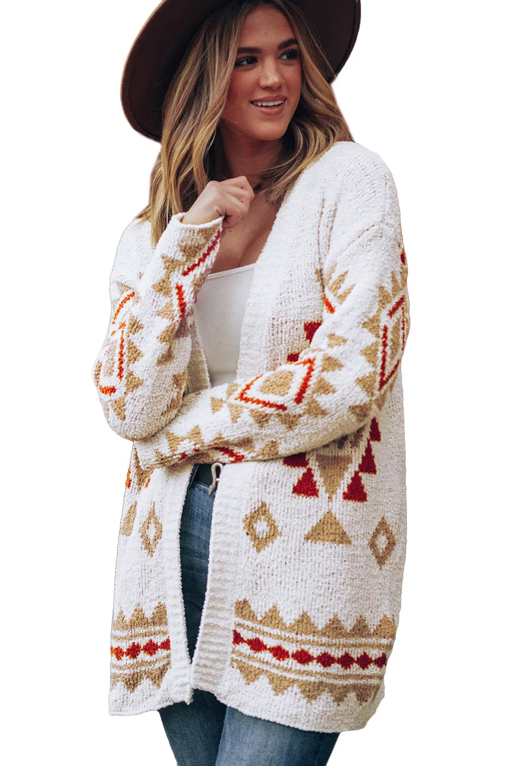 White Aztec Pattern Open Knitted Cardigan - Chic Meadow Boutique 