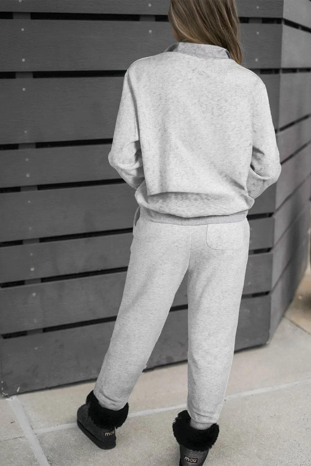 Two Piece Sets/Pant Sets Light Grey Solid Zip Pullover Top and Drawstring Joggers Set