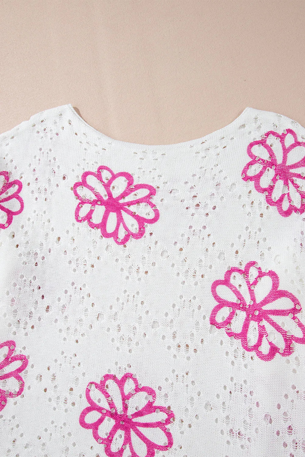 White Contrast Flower Print Eyelet Drop Shoulder Sweater - Chic Meadow Boutique 