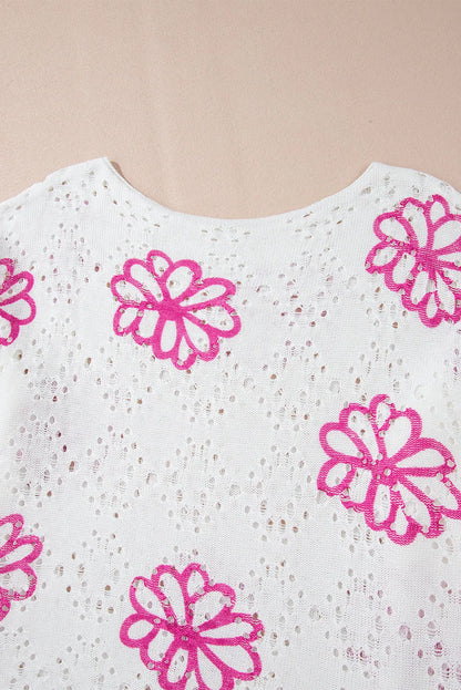 White Contrast Flower Print Eyelet Drop Shoulder Sweater - Chic Meadow Boutique 