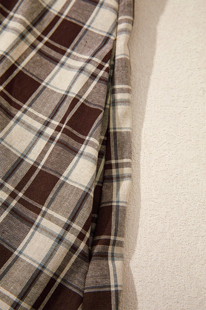 Brown Plaid Long Sleeve Short Shift Mini Dress