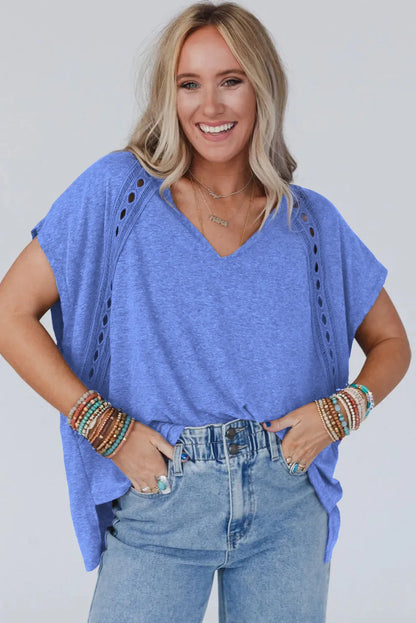 Sky Blue Crochet Lace Detail Oversized Tee - Chic Meadow Boutique 