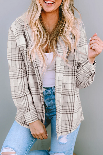 Khaki Plaid Removable Hood Buttoned Shacket - Chic Meadow Boutique 