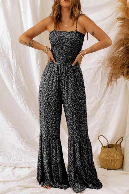 Black Thin Straps Smocked Bodice Wide Leg Floral Jumpsuit - Chic Meadow Boutique 